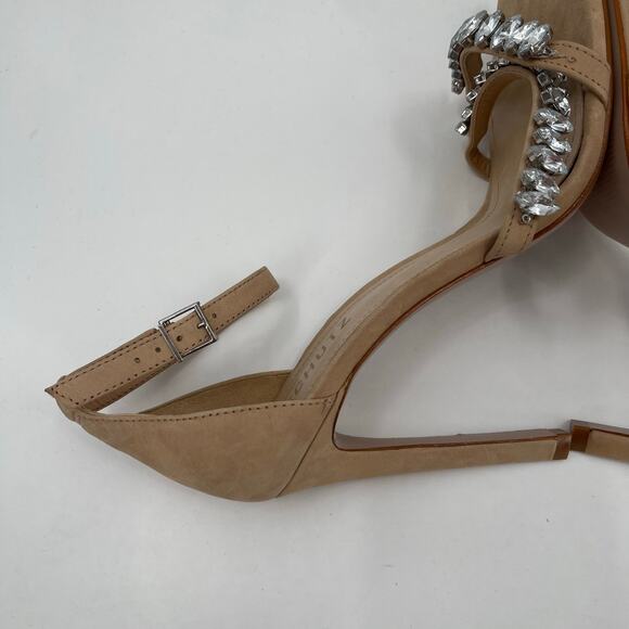 SCHUTZ Linsey Heels Size 9.5 Nubuck Leather Light Nude Rhinestone Square Toe - Picture 12 of 16